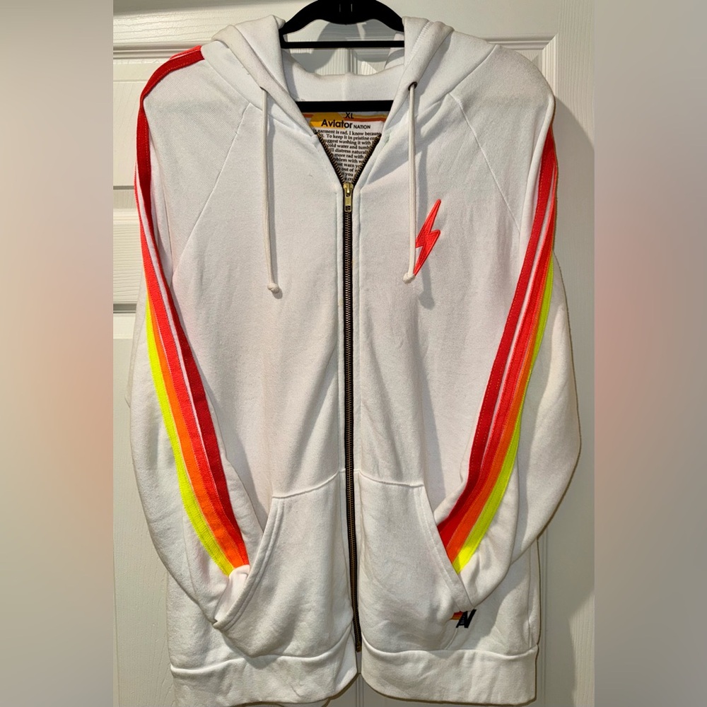 Aviator Nation 4 STRIPE BOLT ZIP HOODIE - WHITE NEON STRIPES XL Unisex NWOT